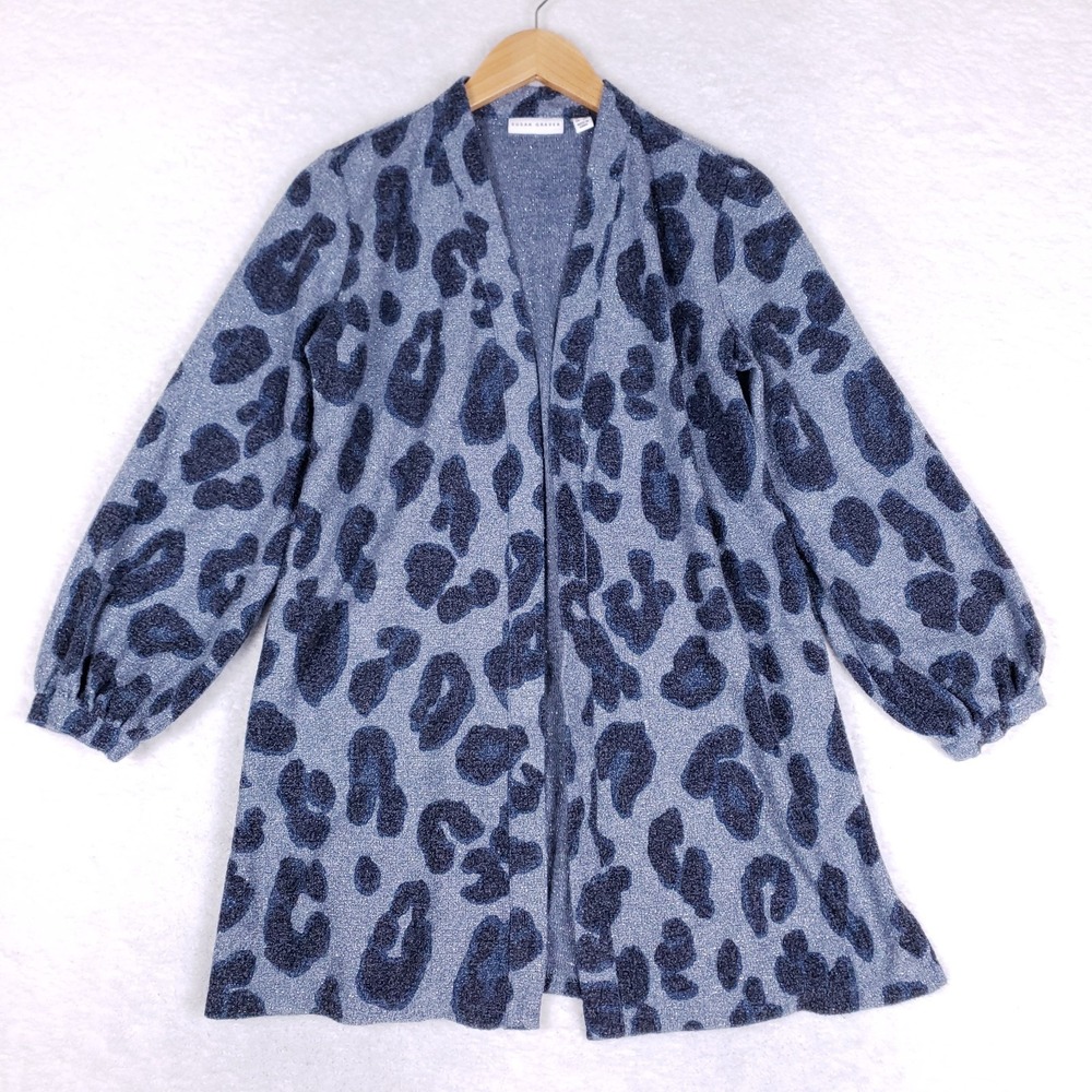 Susan Graver Cardigan SP Blue Black Leopard Animal Print Open‎ Front Petite